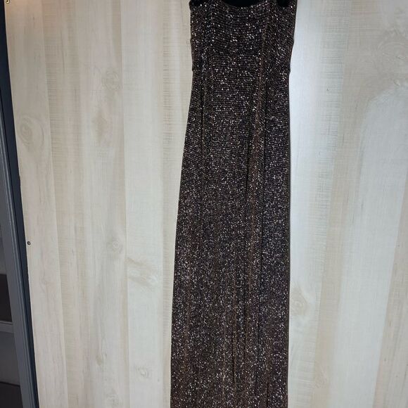 Windsor‎ gold black spaghetti strap long dress front slit, size small - Picture 10 of 16
